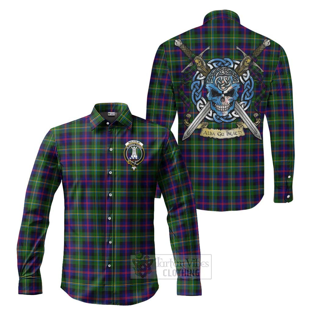 Malcolm Tartan Long Sleeve Button Shirt with Family Crest Celtic Skull Style Men's Shirt S - Tartan Vibes Clothing
