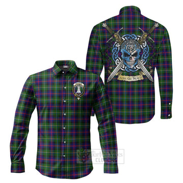 Malcolm Tartan Long Sleeve Button Shirt with Family Crest Celtic Skull Style