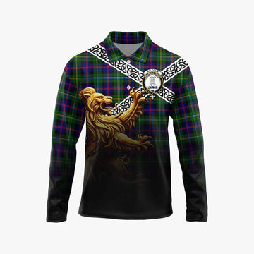 Malcolm Crest Tartan Long Sleeve Polo Shirt with Golden Lion Emblem Celtic Style Unisex - Tartan Vibes Clothing
