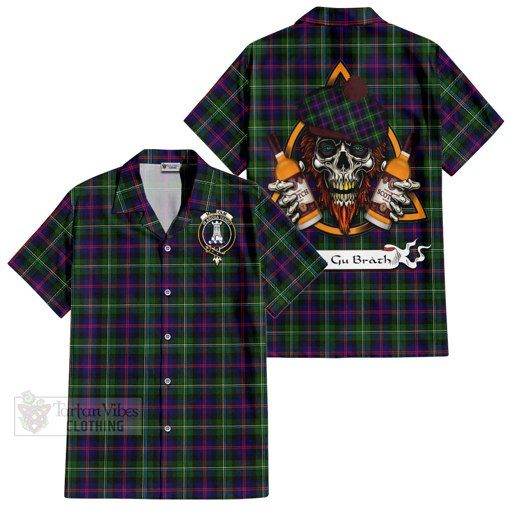 Tartan Vibes Clothing Malcolm Tartan Short Sleeve Button Shirt with Family Crest and Bearded Skull Holding Bottles of Whiskey