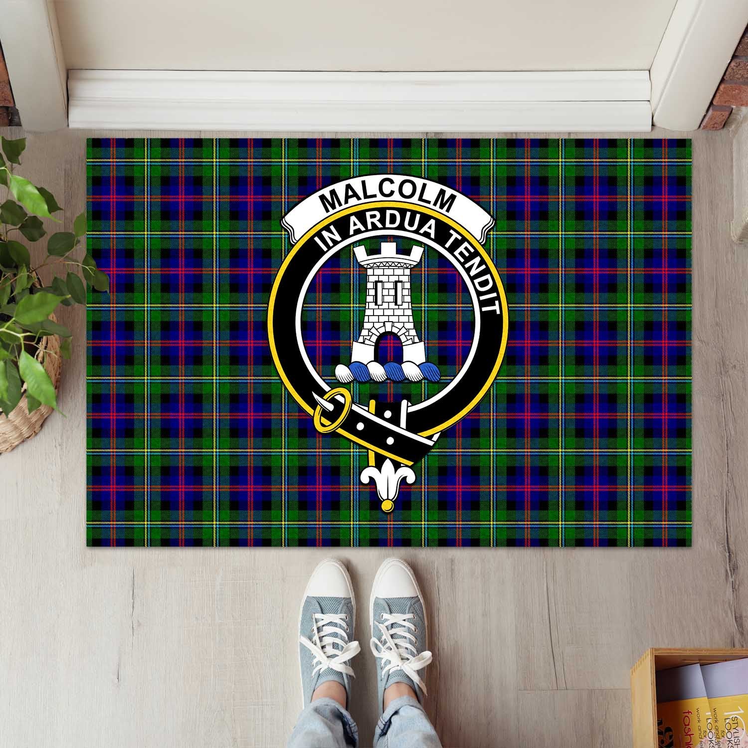 Malcolm Tartan Door Mat with Family Crest - Tartanvibesclothing