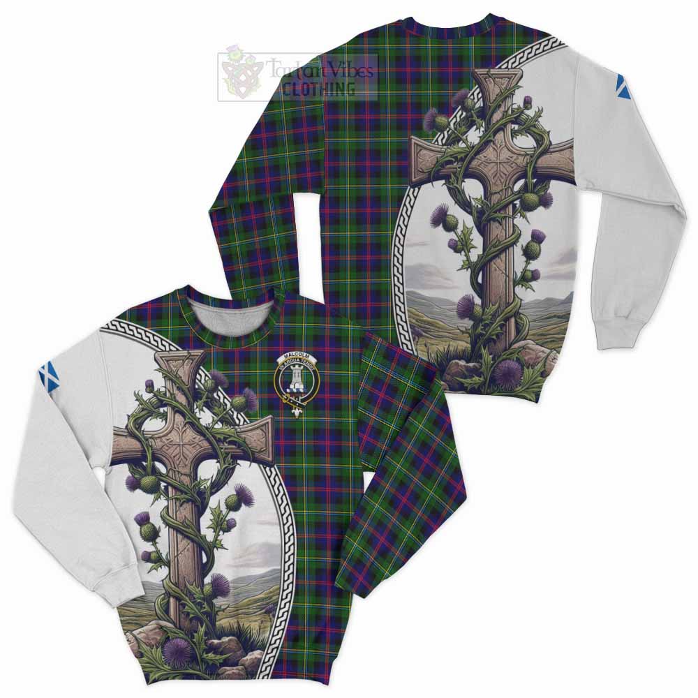 Tartan Vibes Clothing Malcolm Tartan Sweatshirt with Family Crest and St. Andrew's Cross Accented by Thistle Vines