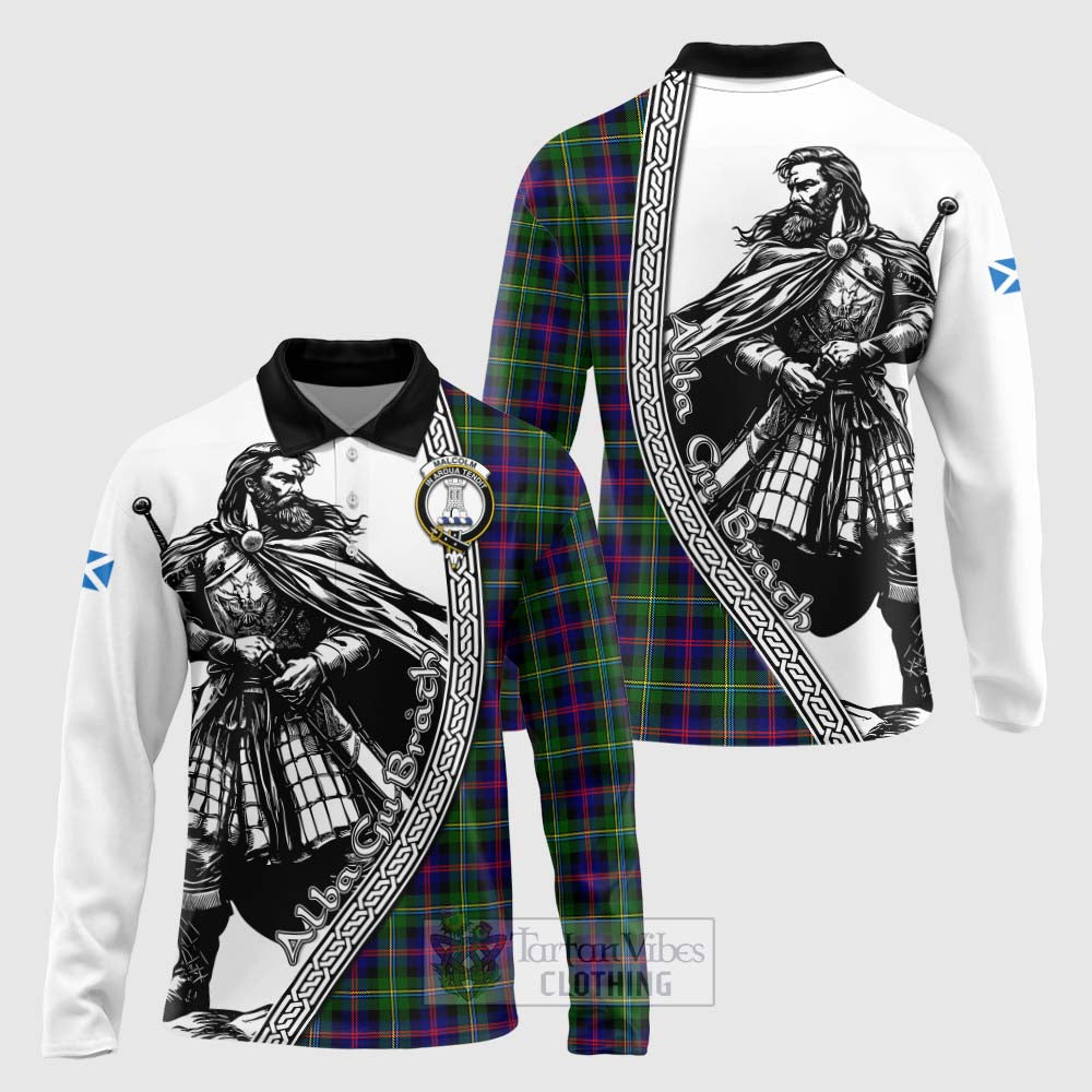 Tartan Vibes Clothing Malcolm Tartan Clan Crest Long Sleeve Polo Shirt with Highlander Warrior Celtic Style