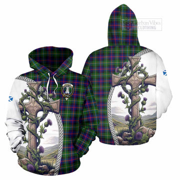 Malcolm Tartan Hoodie with Family Crest and St. Andrew's Cross Accented by Thistle Vines