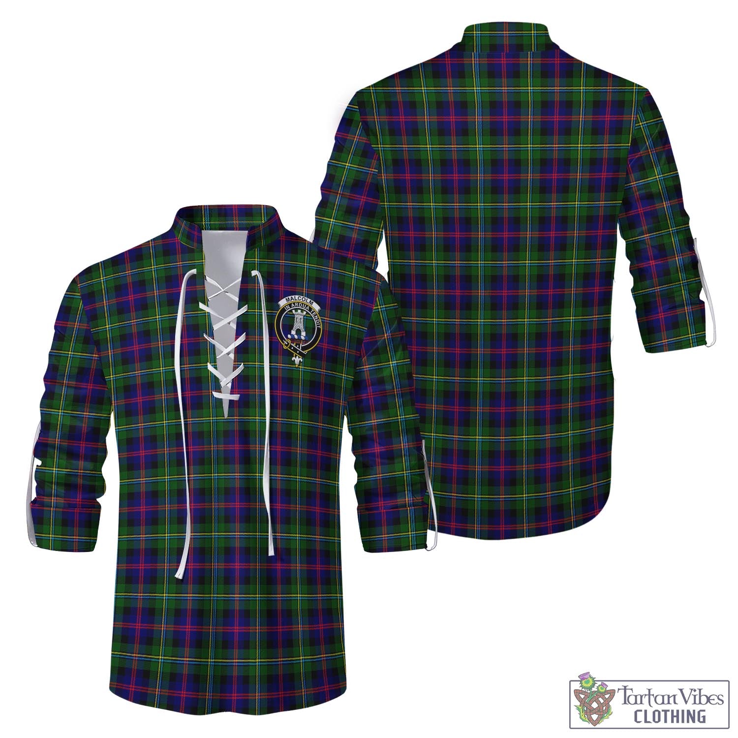 Tartan Vibes Clothing Malcolm Tartan Men's Scottish Traditional Jacobite Ghillie Kilt Shirt with Family Crest