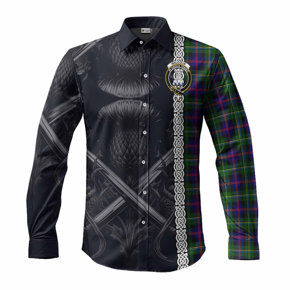 Malcolm Tartan Long Sleeve Button Shirt with Family Crest Cross Sword Thistle Celtic Vibes Men's Shirt S - Tartan Vibes Clothing