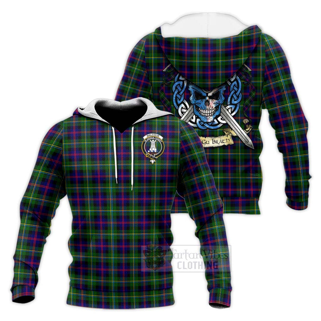 Tartan Vibes Clothing Malcolm Tartan Knitted Hoodie with Family Crest Celtic Skull Style