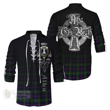 Malcolm Tartan Ghillie Kilt Shirt Featuring Alba Gu Brath Family Crest Celtic Inspired