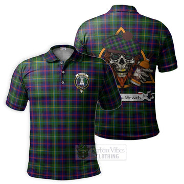 Malcolm Tartan Polo Shirt with Family Crest and Bearded Skull Holding Bottles of Whiskey