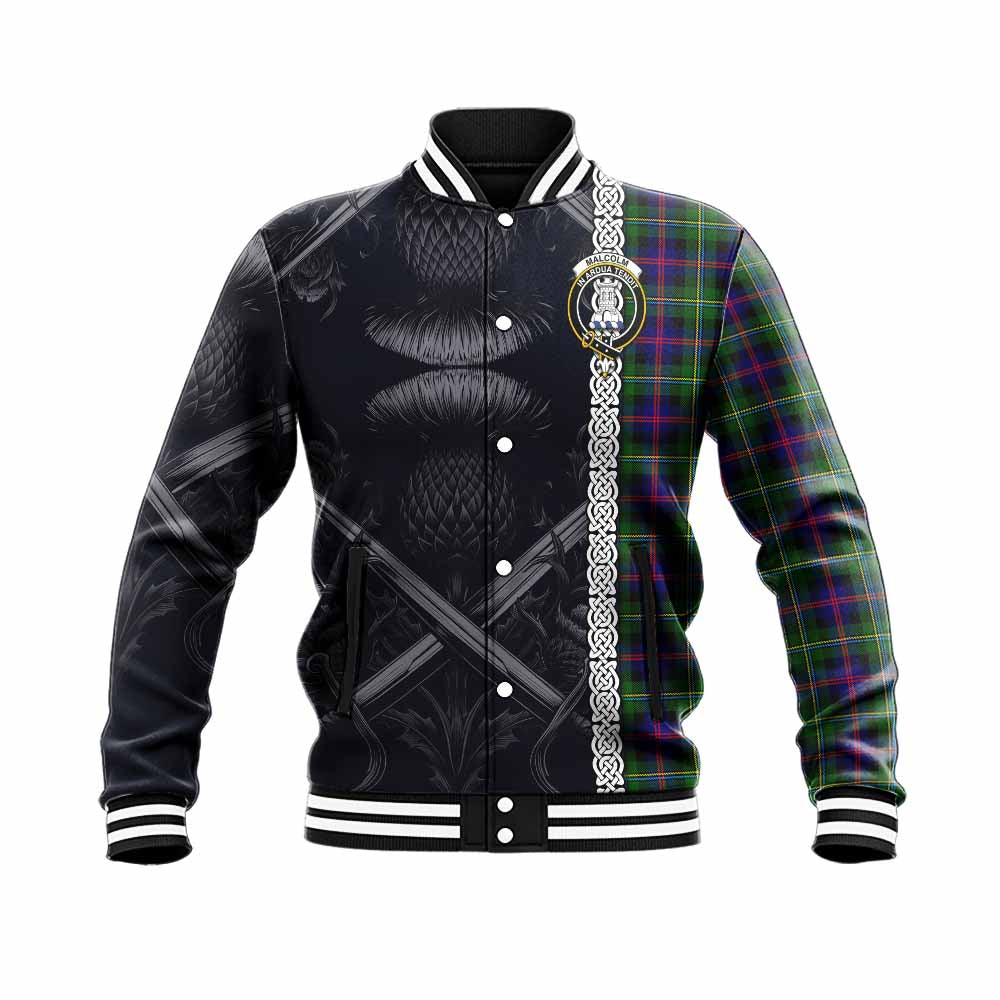 Tartan Vibes Clothing Malcolm Tartan Baseball Jacket with Family Crest Cross Sword Thistle Celtic Vibes