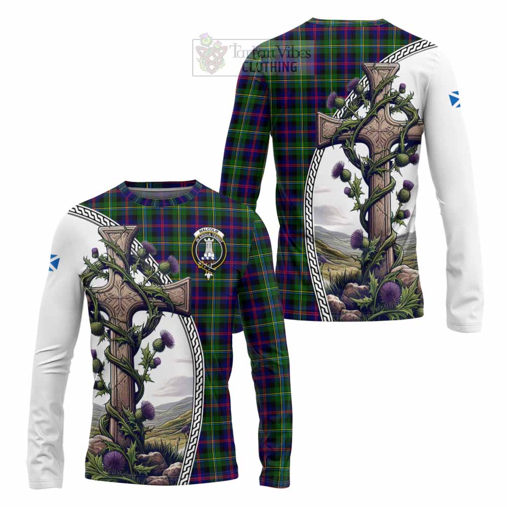 Tartan Vibes Clothing Malcolm Tartan Long Sleeve T-Shirt with Family Crest and St. Andrew's Cross Accented by Thistle Vines