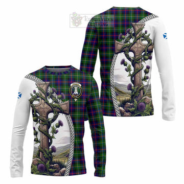 Malcolm Tartan Long Sleeve T-Shirt with Family Crest and St. Andrew's Cross Accented by Thistle Vines