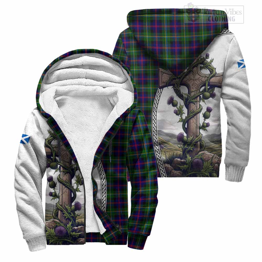 Tartan Vibes Clothing Malcolm Tartan Sherpa Hoodie with Family Crest and St. Andrew's Cross Accented by Thistle Vines