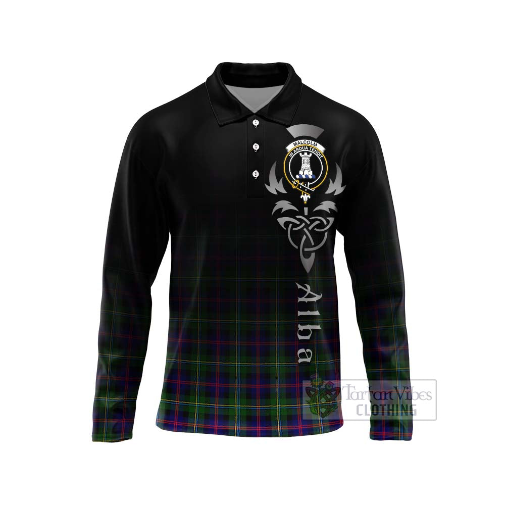 Tartan Vibes Clothing Malcolm Tartan Long Sleeve Polo Shirt Featuring Alba Gu Brath Family Crest Celtic Inspired