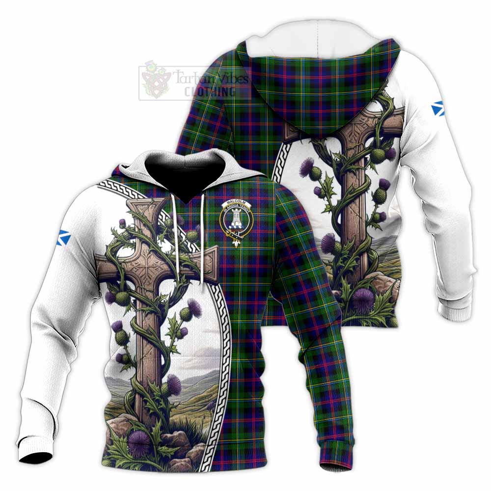 Tartan Vibes Clothing Malcolm Tartan Knitted Hoodie with Family Crest and St. Andrew's Cross Accented by Thistle Vines