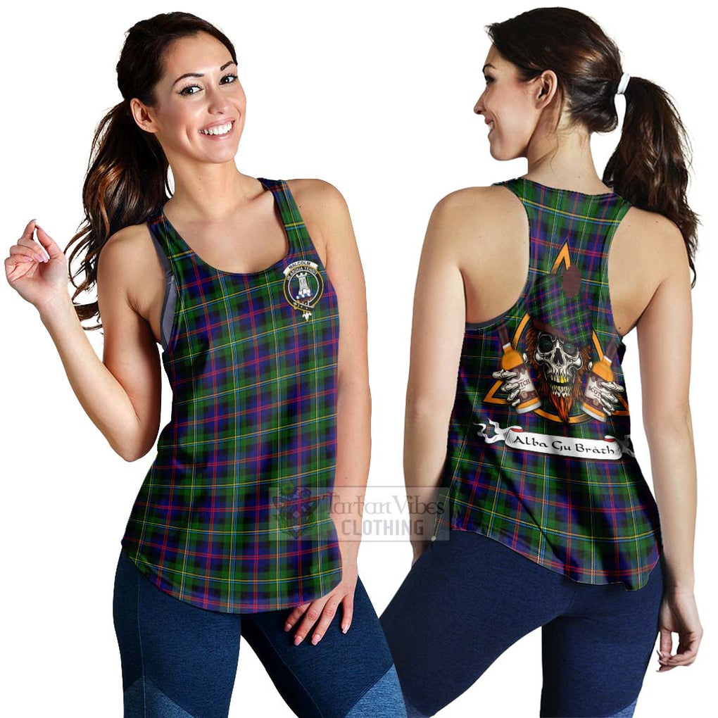 Tartan Vibes Clothing Malcolm Tartan Women's Racerback Tanks with Family Crest and Bearded Skull Holding Bottles of Whiskey