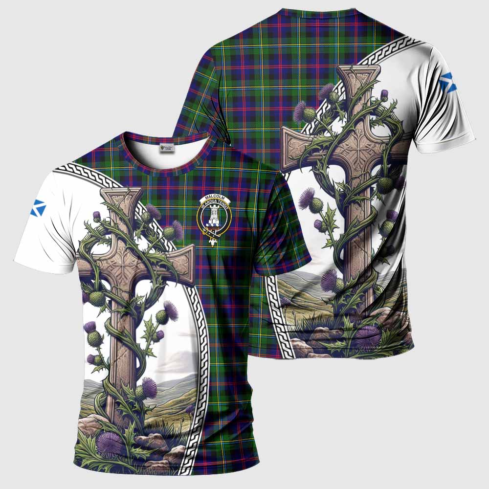 Tartan Vibes Clothing Malcolm Agnew Tartan T-Shirt with Family Crest and St. Andrew's Cross Accented by Thistle Vines