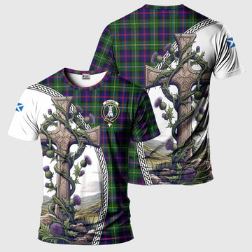 Malcolm Tartan T-Shirt with Family Crest and St. Andrew's Cross Accented by Thistle Vines