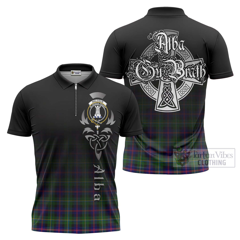 Tartan Vibes Clothing Malcolm Tartan Zipper Polo Shirt Featuring Alba Gu Brath Family Crest Celtic Inspired