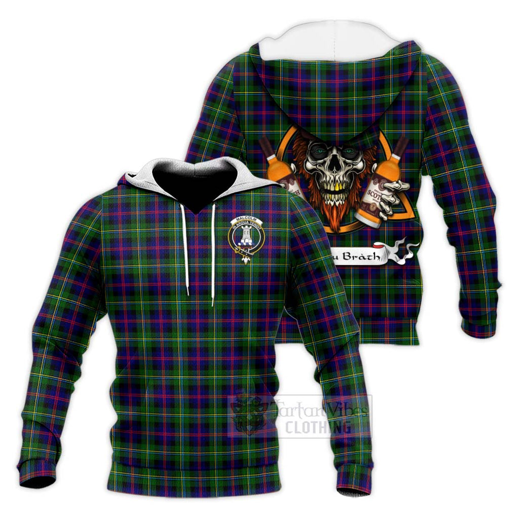 Tartan Vibes Clothing Malcolm Tartan Knitted Hoodie with Family Crest and Bearded Skull Holding Bottles of Whiskey