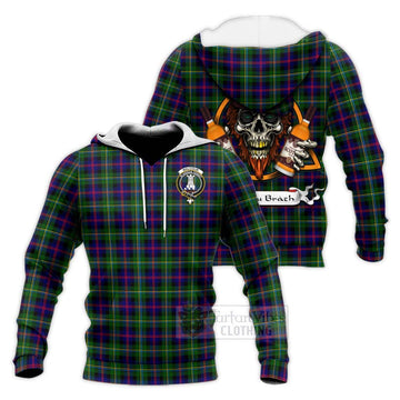 Malcolm Tartan Knitted Hoodie with Family Crest and Bearded Skull Holding Bottles of Whiskey