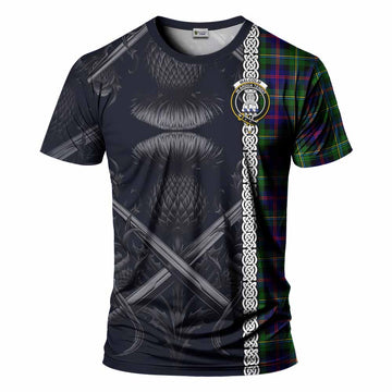 Malcolm Tartan T-Shirt with Family Crest Cross Sword Thistle Celtic Vibes