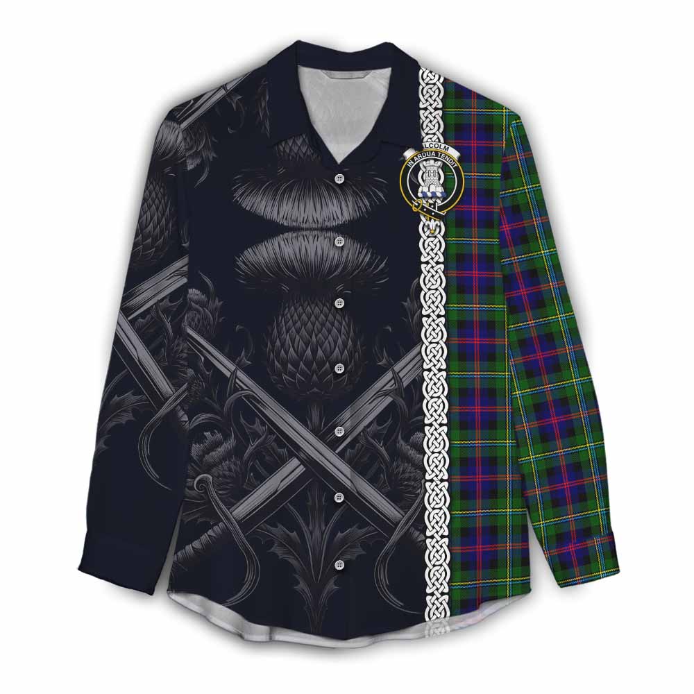 Tartan Vibes Clothing Malcolm Tartan Women's Casual Shirt with Family Crest Cross Sword Thistle Celtic Vibes