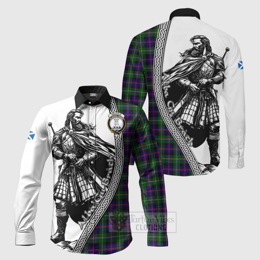 Tartan Vibes Clothing Malcolm Tartan Clan Crest Long Sleeve Button Shirt with Highlander Warrior Celtic Style