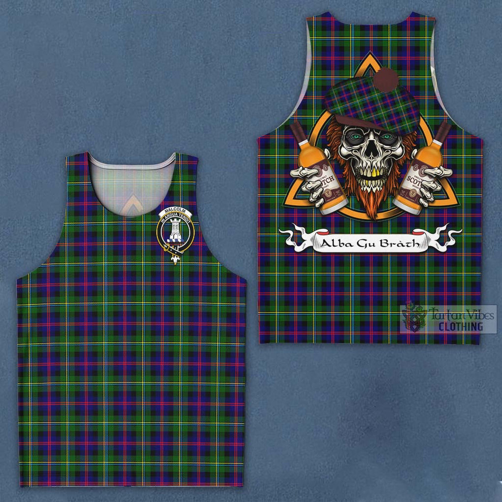 Tartan Vibes Clothing Malcolm Tartan Men's Tank Top with Family Crest and Bearded Skull Holding Bottles of Whiskey