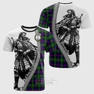 Malcolm Tartan Clan Crest Cotton T-shirt with Highlander Warrior Celtic Style