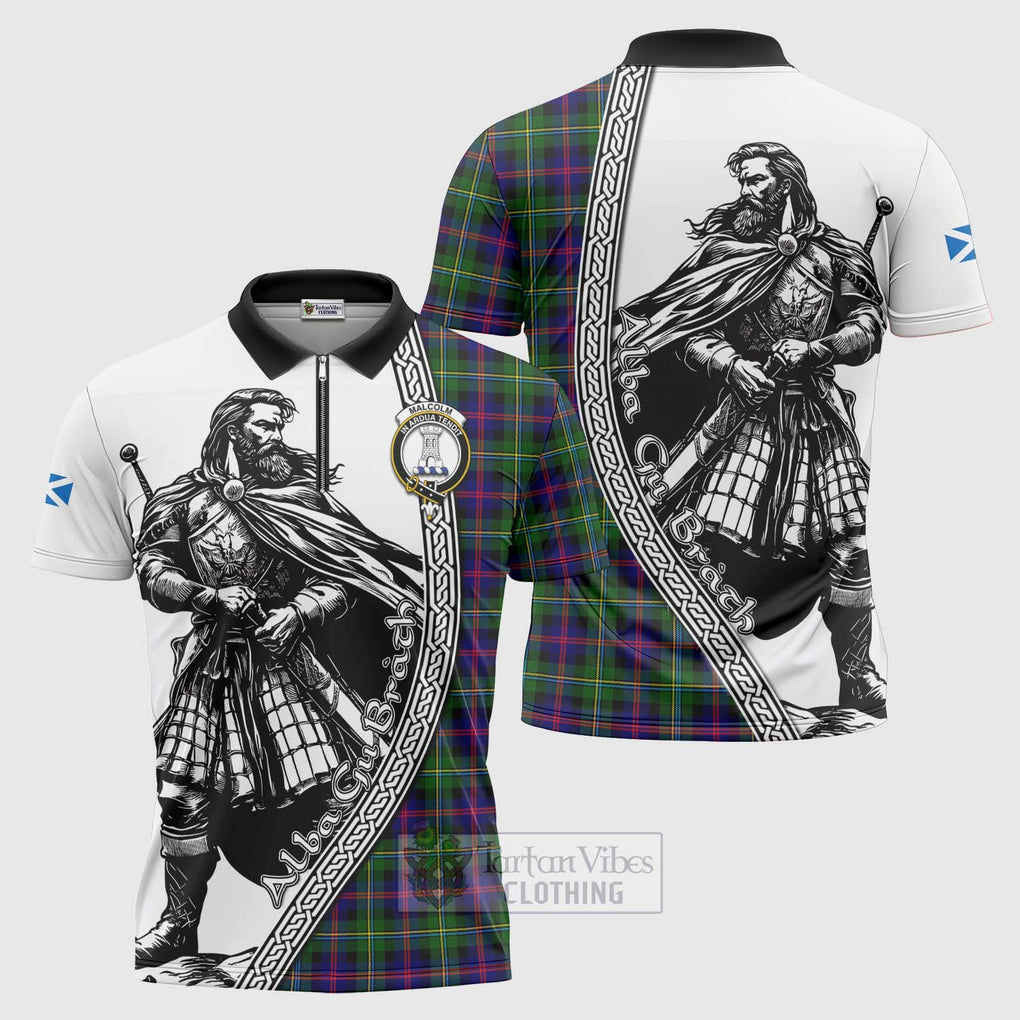 Tartan Vibes Clothing Malcolm Tartan Clan Crest Zipper Polo Shirt with Highlander Warrior Celtic Style