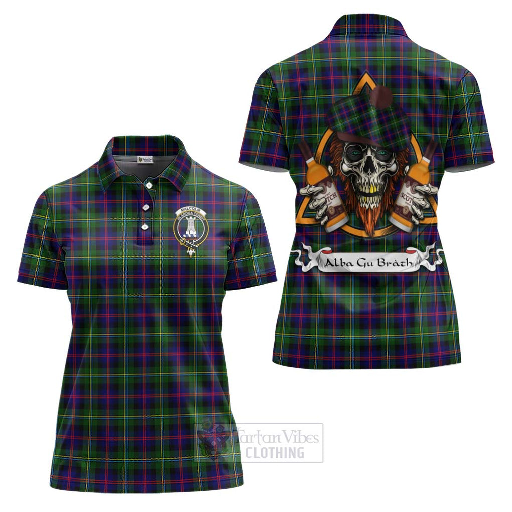 Tartan Vibes Clothing Malcolm Tartan Women's Polo Shirt with Family Crest and Bearded Skull Holding Bottles of Whiskey