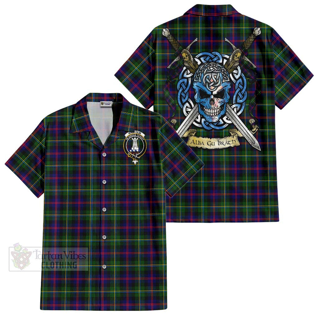 Tartan Vibes Clothing Malcolm Tartan Short Sleeve Button Shirt with Family Crest Celtic Skull Style