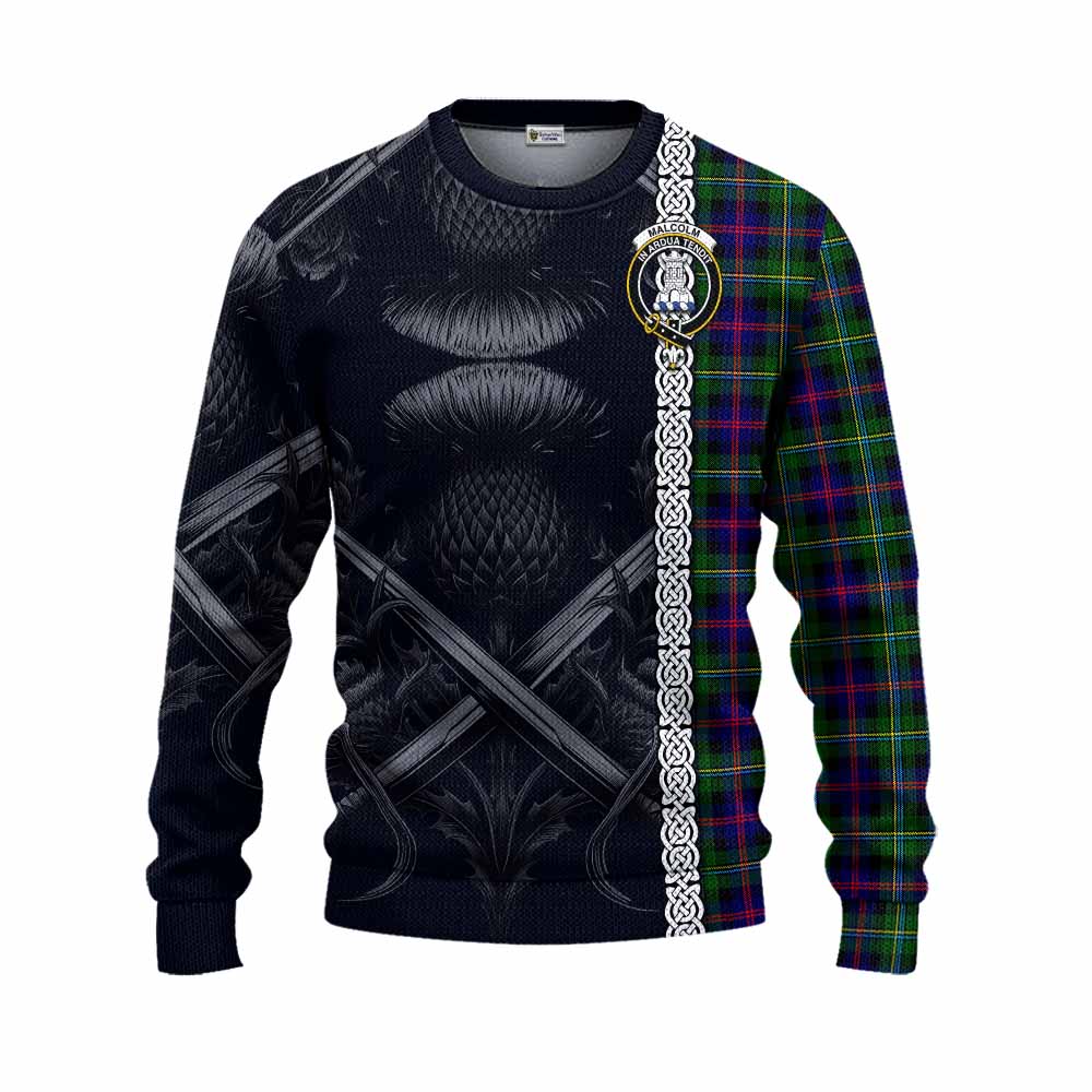 Malcolm Tartan Knitted Sweater with Family Crest Cross Sword Thistle Celtic Vibes Unisex - Tartan Vibes Clothing