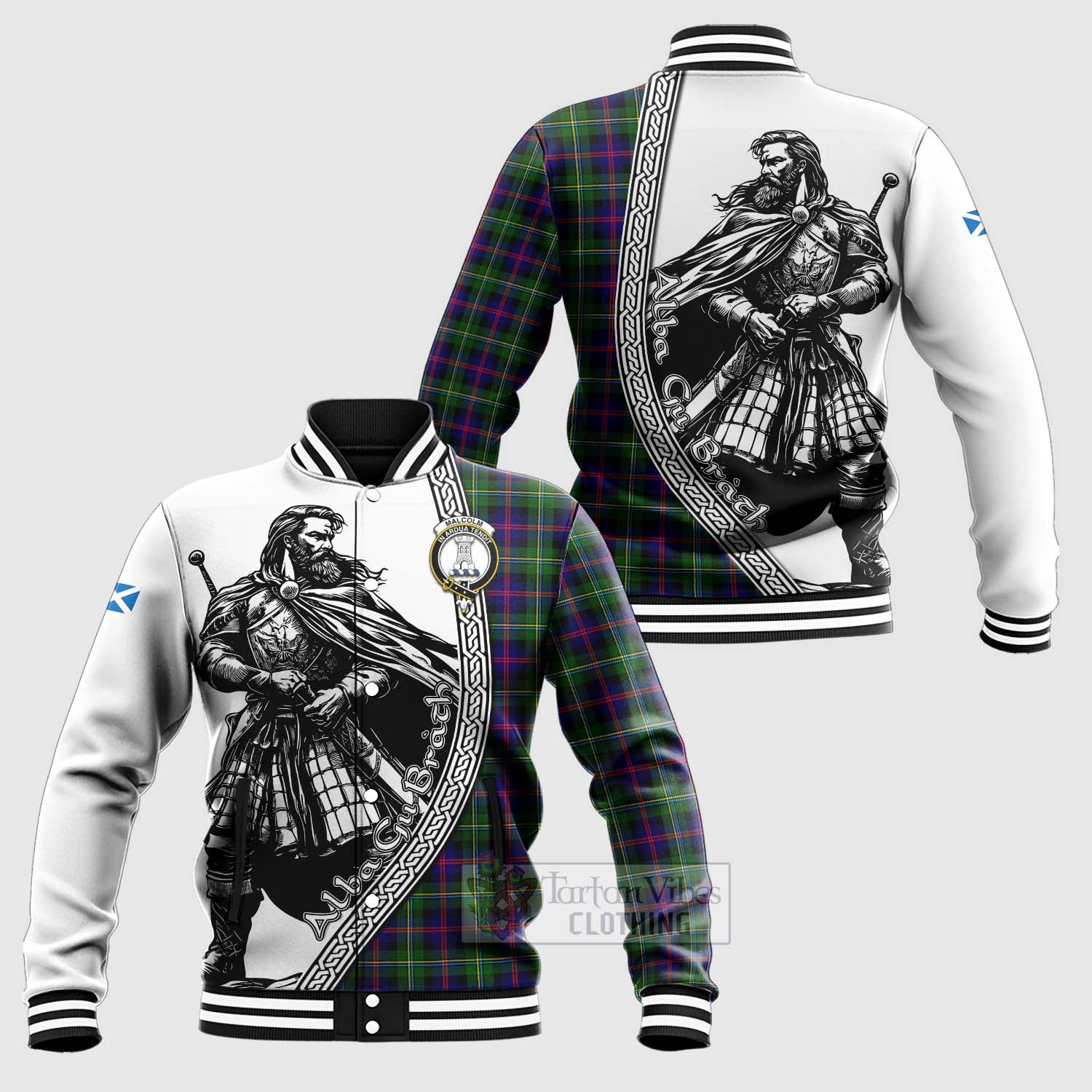 Tartan Vibes Clothing Malcolm Tartan Clan Crest Baseball Jacket with Highlander Warrior Celtic Style