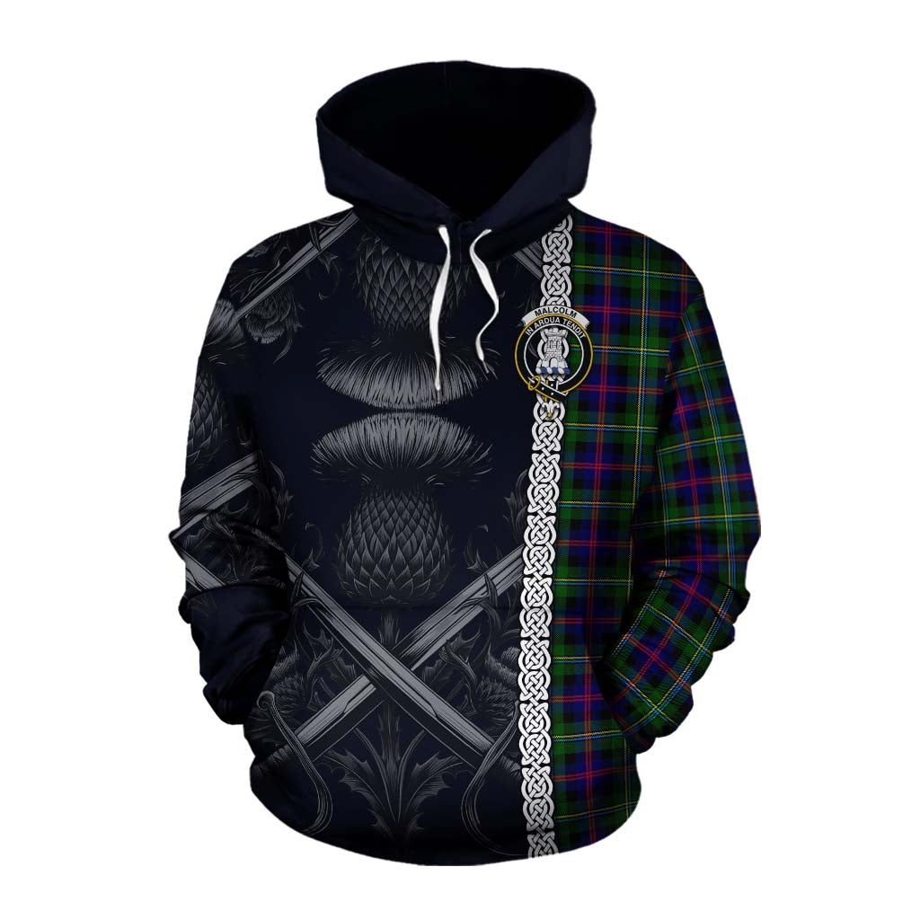 Tartan Vibes Clothing Malcolm Tartan Cotton Hoodie with Family Crest Cross Sword Thistle Celtic Vibes