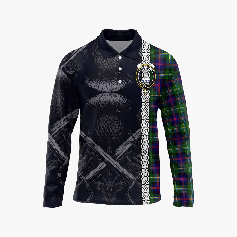 Tartan Vibes Clothing Malcolm Tartan Long Sleeve Polo Shirt with Family Crest Cross Sword Thistle Celtic Vibes