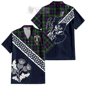 Malcolm Tartan Short Sleeve Button Shirt Featuring Thistle and Scotland Map