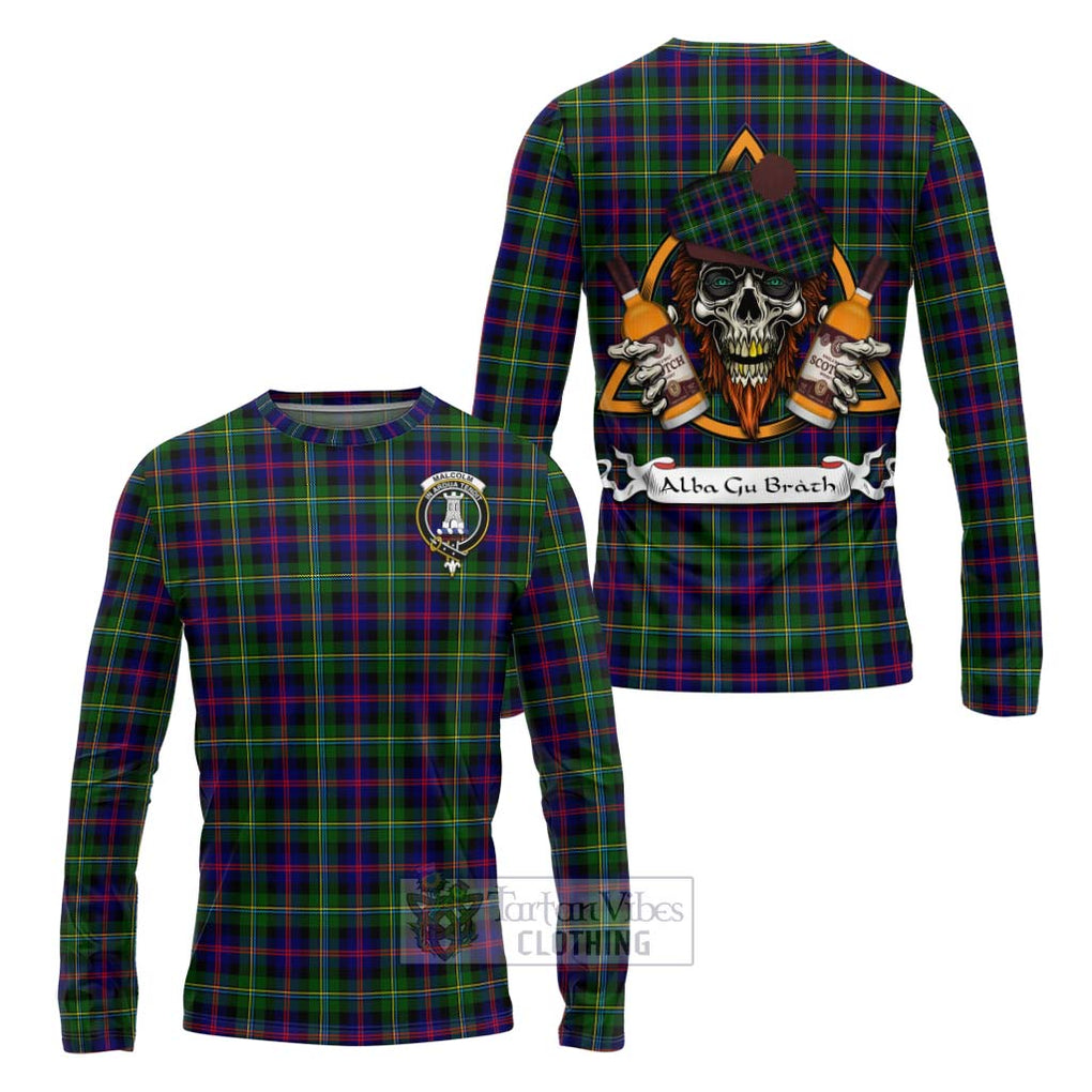 Tartan Vibes Clothing Malcolm Tartan Long Sleeve T-Shirt with Family Crest and Bearded Skull Holding Bottles of Whiskey