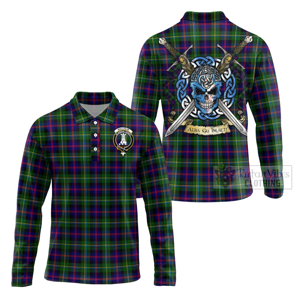 Tartan Vibes Clothing Malcolm Tartan Long Sleeve Polo Shirt with Family Crest Celtic Skull Style