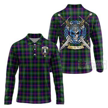 Malcolm Tartan Long Sleeve Polo Shirt with Family Crest Celtic Skull Style