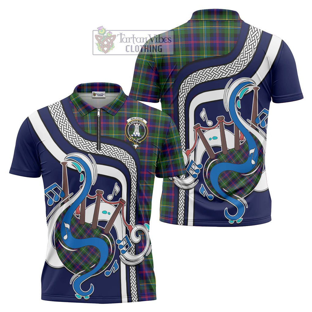 Malcolm Tartan Zipper Polo Shirt with Epic Bagpipe Style Unisex - Tartanvibesclothing Shop