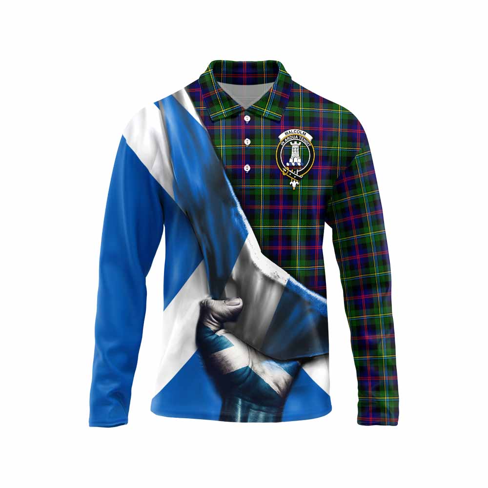 Tartan Vibes Clothing Malcolm Tartan Long Sleeve Polo Shirt with Family Crest Scotland Patriotic Style