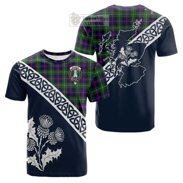 Malcolm Tartan Cotton T-shirt Featuring Thistle and Scotland Map