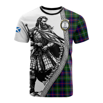 Malcolm Tartan Clan Crest Cotton T-shirt with Highlander Warrior Celtic Style