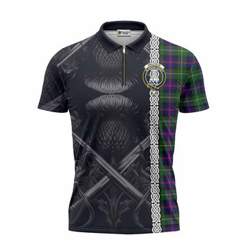 Malcolm Tartan Zipper Polo Shirt with Family Crest Cross Sword Thistle Celtic Vibes