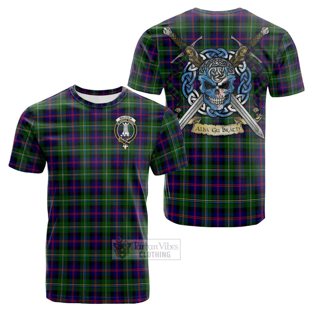 Tartan Vibes Clothing Malcolm Tartan Cotton T-shirt with Family Crest Celtic Skull Style