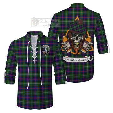 Malcolm Tartan Ghillie Kilt Shirt with Family Crest and Bearded Skull Holding Bottles of Whiskey