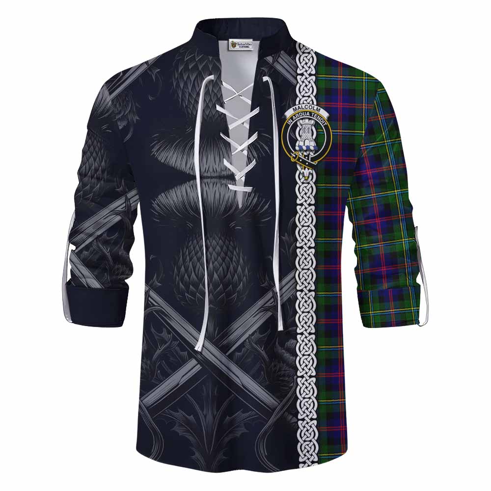 Tartan Vibes Clothing Malcolm Tartan Ghillie Kilt Shirt with Family Crest Cross Sword Thistle Celtic Vibes