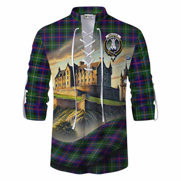 Malcolm Tartan Family Crest Ghillie Kilt Shirt with Scottish Ancient Castle Style Men - Tartan Vibes Clothing